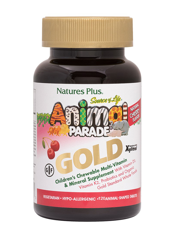 Natures Plus Animal Parade Gold Children's Chewable Multi-Vitamin & Mineral Supplement, Cherry Flavor, 120 Tablets