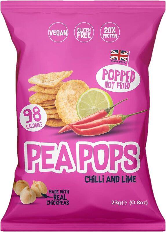 

Food Factor Pea Pops Healthy Protein Chips Delicious Chikpea Crisps 20% Protein Less Fat, Low Calorie Popped (Not Fried) 23g Chilli & Lime pack of 12