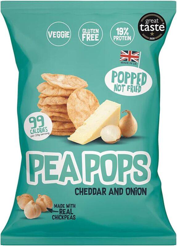 

Food Factor Pea Pops Healthy Protein Chips Delicious Chikpea Crisps 20% Protein Less Fat, Low Calorie Popped (Not Fried) 23g Cheddar & Onion pack of 18