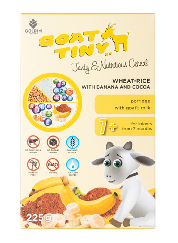 Food Factor Goattiny Wheat & Rice with Cocoa and Banana Porridges with Goat Milk Cereal, 225g
