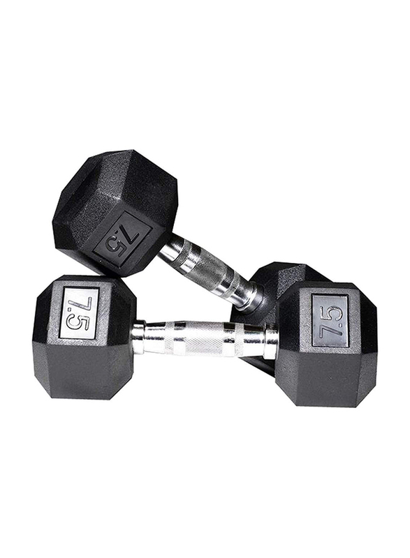 Harley Fitness Rubber Coated Fixed Hex Dumbbell Set, 2 x 7.5KG, Black/Silver