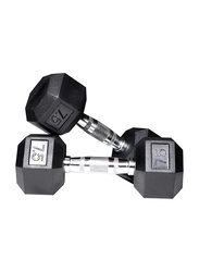 Harley Fitness Rubber Coated Fixed Hex Dumbbell Set, 2 x 7.5KG, Black/Silver