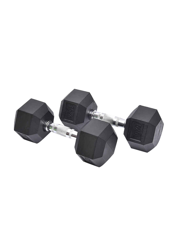 Harley Fitness Rubber Coated Fixed Hex Dumbbell Set, 2 x 10KG, Black/Silver