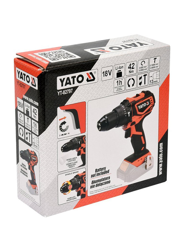 Yato Cordless Impact Drill Brushless 13mm 18V Tool Only Color Box, YT-82797, Orange/Black