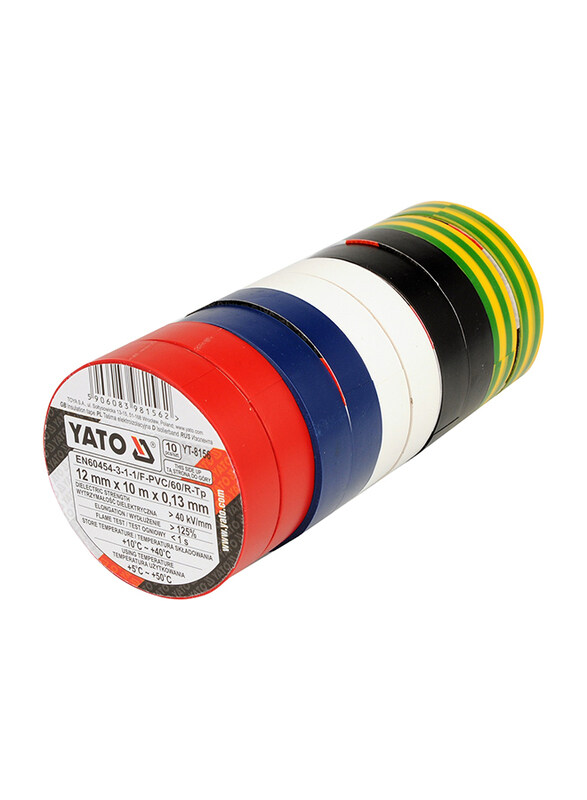 

Yato 10-Piece 12mm x 10M PVC Electrical Insulation Tape, YT-8156, Assorted Color