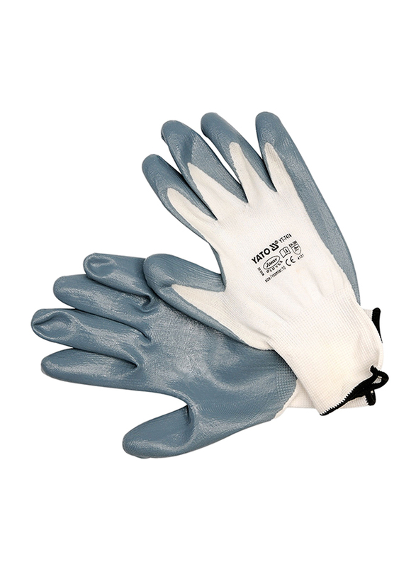 Yato Nylon/PU Working Gloves on Header Card, YT-7474, Grey/White, 10 inch