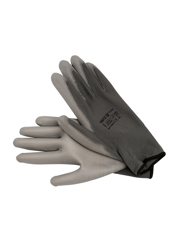 Yato Nylon/PU Working Gloves on Header Card, YT-7472, Grey/Black, 10 inch