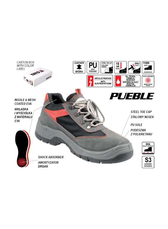 Yato Pueble S3 Low-Cut Suede Leather Safety Shoes with Lining, YT-80589, Grey, 45