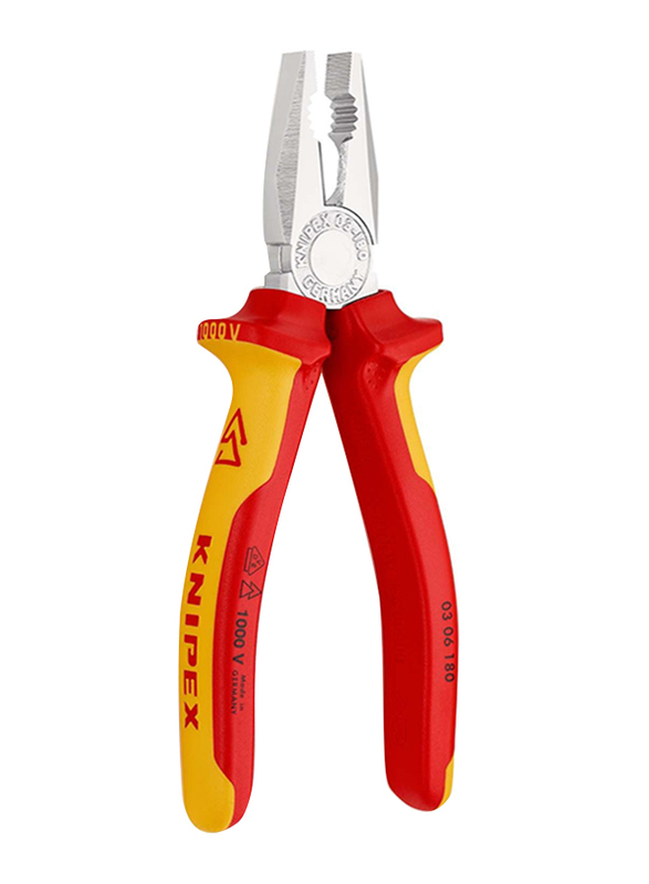 Knipex 180mm Insulated Combination Chrome Plated Plier, 03 06 180, Yellow/Red