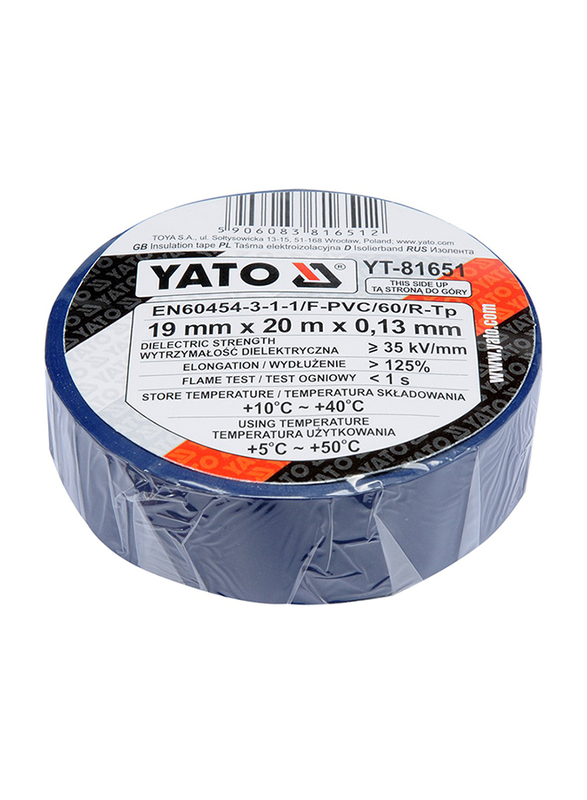 Yato 19mm x 10M PVC Electrical Insulation Tape, YT-81651, Blue