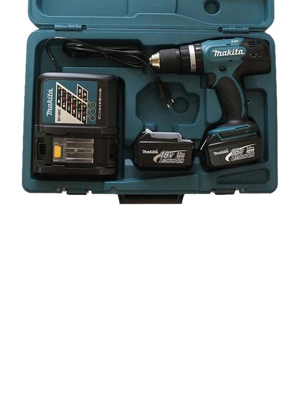 Makita Cordless Hammer Drill, 13mm 2 Speed 18V, 2 x 3.0Ah Battery & Charger, DHP453RFE, Blue