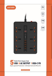 Porodo 6AC Output USB-C PD Multi-Port Power Strip, Black