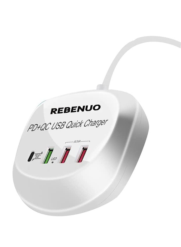 Rebenuo 4-in-1 PD+QC USB Quick Charger with Type-C PD Charger, LED Lights & 1.2 Meter Cable, White