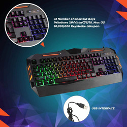 C-500 Wired English 4-in-1 Rainbow Backlight Ergonomic Gaming Keyboard with Mouse, Headphones & Mouse Pad, Orange/Black