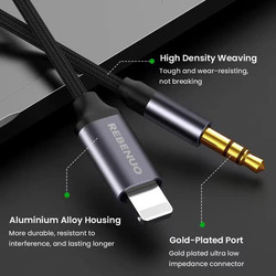 Rebenuo 1-Meter Nylon Braided Aux Audio Cable, Lightning Cable Male to 3.5 mm Jack for Apple Devices, Dark Grey