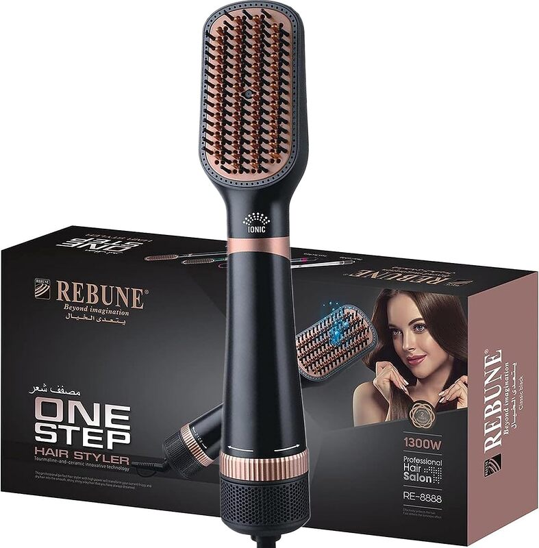 REBUNE RE-8888 New Hair Styler 1300W One-Step Hot Air Styler Hair Dryer & Volumizer Styler Negative Ionic Electric Hair Dryer & Curler Straightener Brush (Gold)