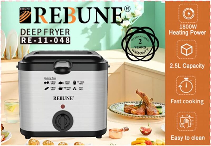 REBUNE RE-11-048 Electric Fryer 1800W Deep Fat Fryer, 2.5 Liter Capacity, Silver/Black
