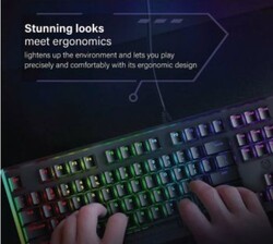 لوحة مفاتيح ميكانيكية عالية الأداء للألعاب  إضاءة خلفية بألوان الطيف  مقاومة للظلال بنسبة 100٪  مفاتيح ميكانيكية زرقاء  7 أوضاع للإضاءة الخلفية  هيكل من الألومنيوم