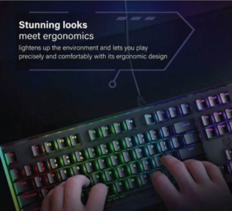 لوحة مفاتيح ميكانيكية للألعاب عالية الحساسية  إضاءة خلفية LED بألوان الطيف  مقاومة للظلال بالكامل بنسبة 100٪  مفاتيح ميكانيكية زرقاء  مفتاح وسائط سريع
