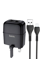 Hoco C77B Highway UK Plug Dual Port Charger, Type-C Cable, 5V-2.4A Output, Black