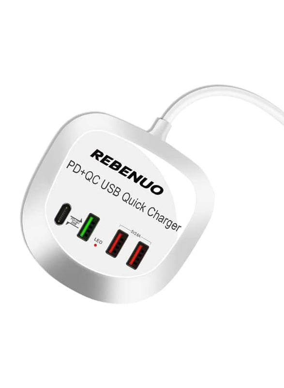 Rebenuo 4-in-1 PD+QC USB Quick Charger with Type-C PD Charger, LED Lights & 1.2 Meter Cable, White