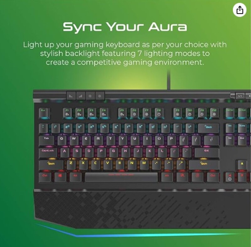 لوحة مفاتيح ميكانيكية للألعاب فائقة الحركة  إضاءة خلفية LED بألوان الطيف  مقاومة للظلال على جميع المفاتيح  مفاتيح ميكانيكية سوداء  كابل مضاد للانفجار