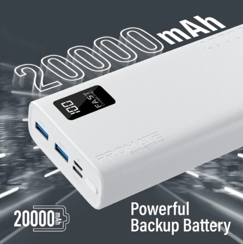 Promate 20000mAh Compact Smart Charging Power Bank with Dual