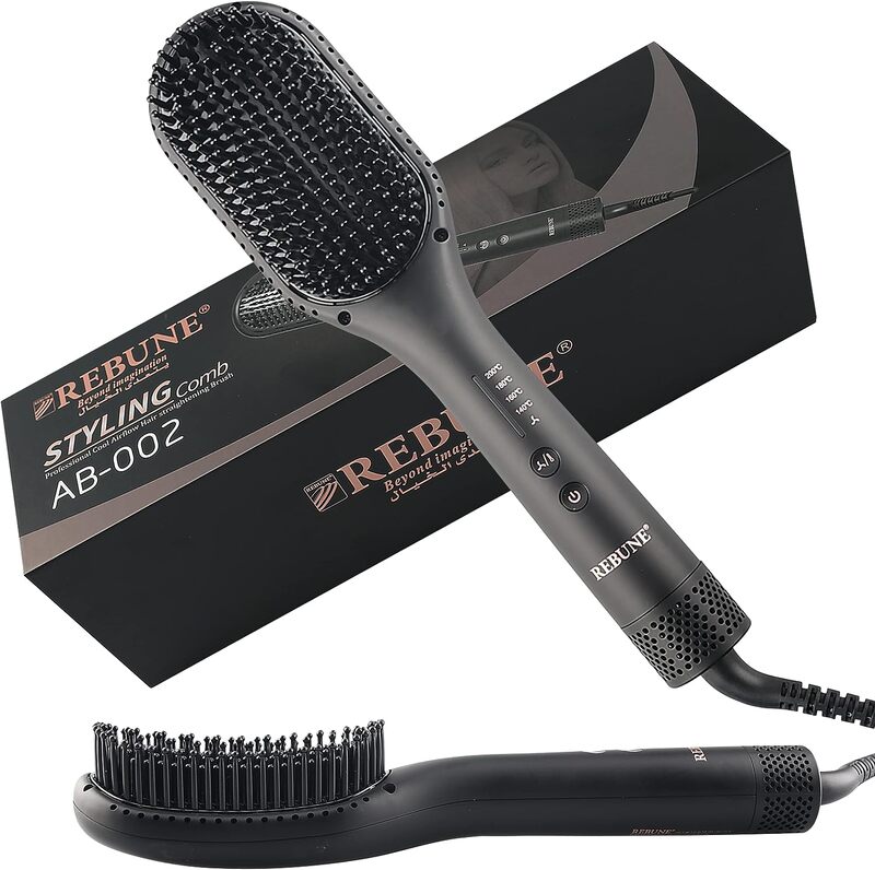 REBUNE AB002 Hot Air Styler Hair Straightener Brush Negative Ion Heated Straightening Brush For Smooth Frizz-Free Hair (Black)