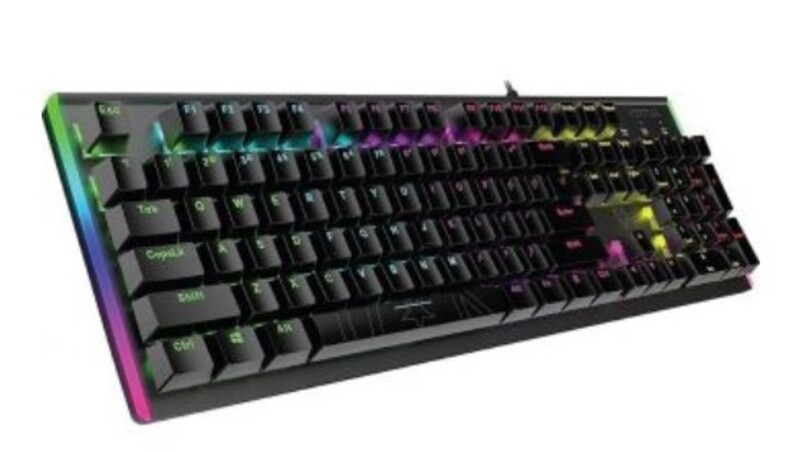 لوحة مفاتيح ميكانيكية للألعاب عالية الحساسية  إضاءة خلفية LED بألوان الطيف  مقاومة للظلال بالكامل بنسبة 100٪  مفاتيح ميكانيكية زرقاء  مفتاح وسائط سريع
