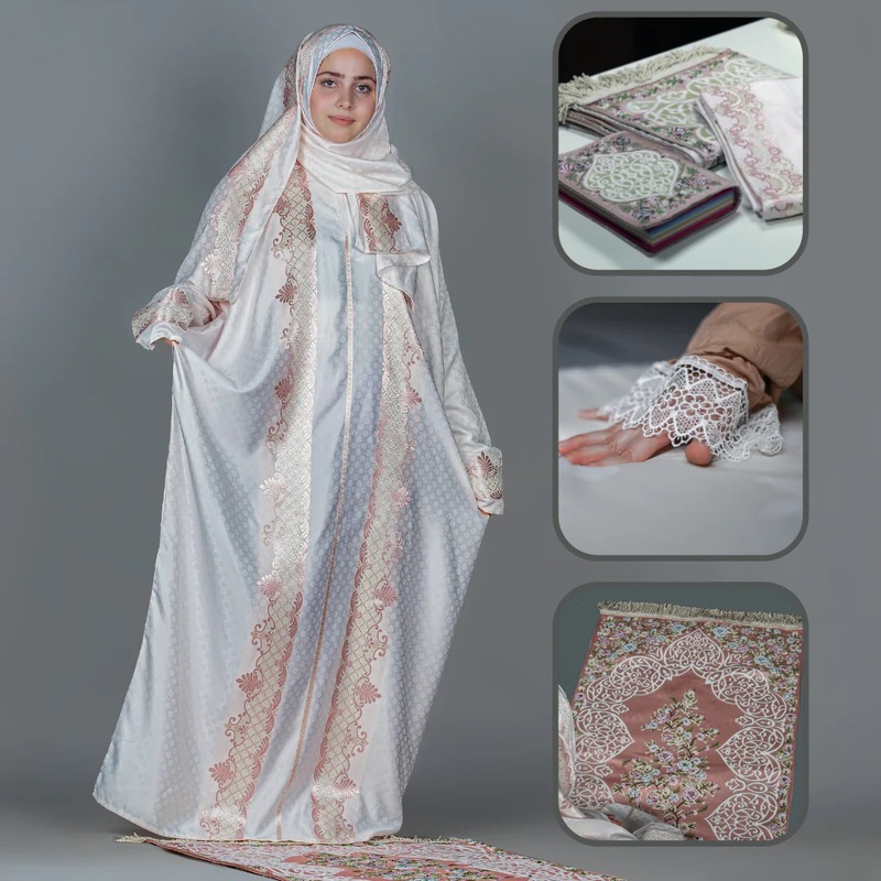 Sama prayer set: a dress, a carpet, and a Quran cover.(Off White)