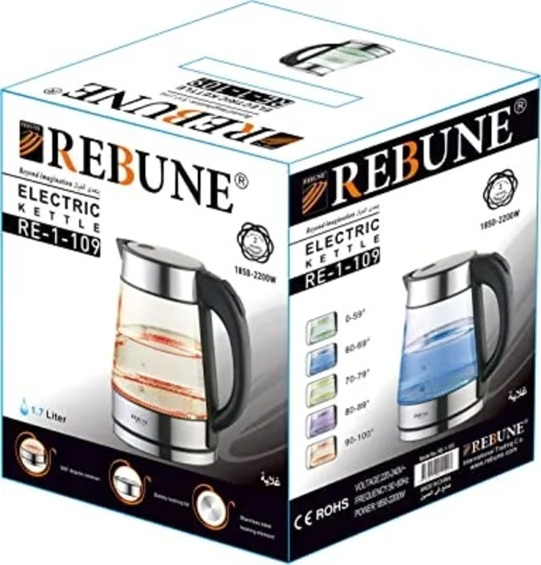 REBUNE Electric Kettle 2200W 1.7 Litre Glass Body Electric Cordless Kettle With LED Color Indicator, Water-Level Indicator, Removable Filter, Auto Shut-Off Function RE-1-109.