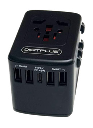 Digitplus PD AC Travel Adapter 45W USB-C Quick Charger with 4 USB Port & AC Outlet, Black