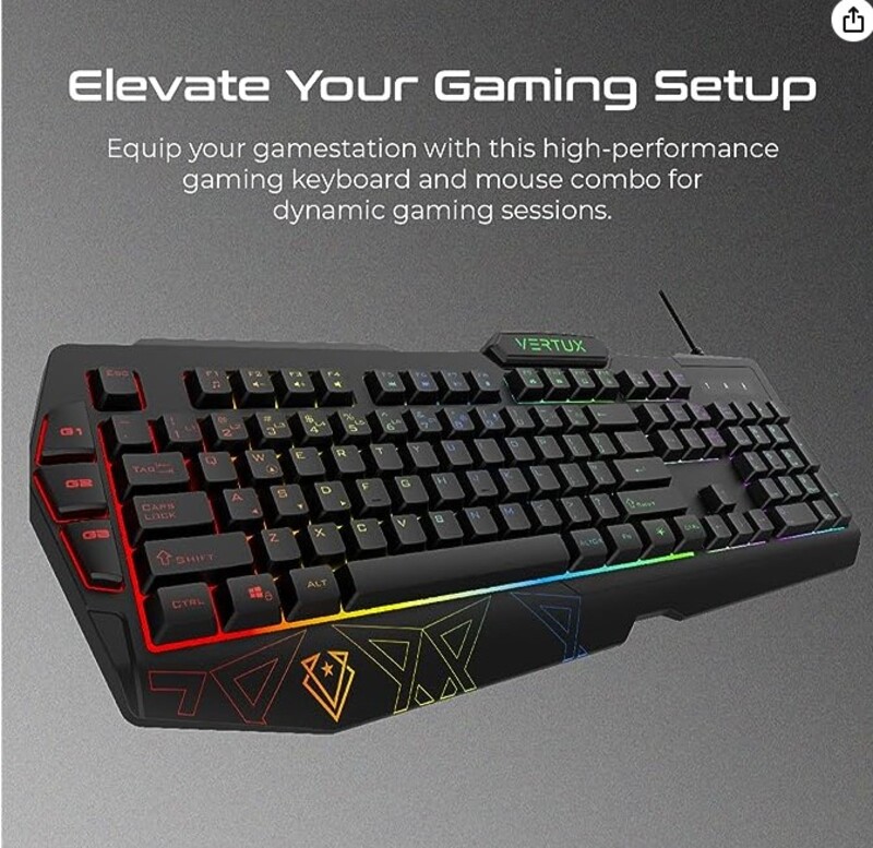 Backlit Wired Gaming Keyboard & Mouse Combo  Rainbow Backlight   Rubber Dome Switches  50Million Keystroke Life   3 Programable Macro Keys