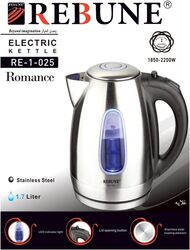 REBUNE RE-1-025 Electric Kettle Stainless Steel Fast for Tea and Coffee, 1.7 Litre, 2200W Silver