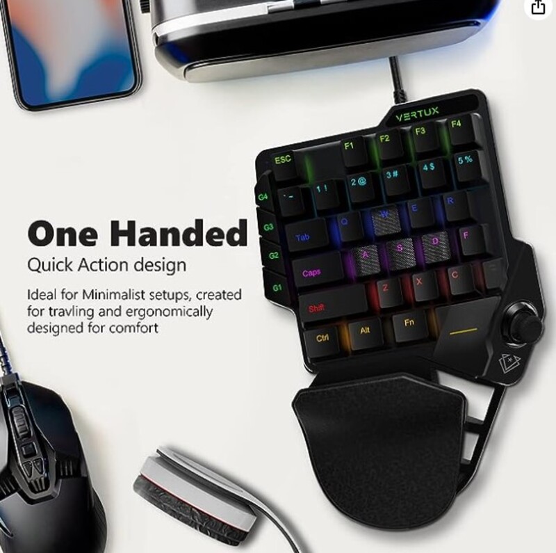Single Handed All in One Gaming Keypad with Joystick  4 Proggramable Macro Keys   Detachable Wrist Rest  Dual Port USB Hub with AUX Port