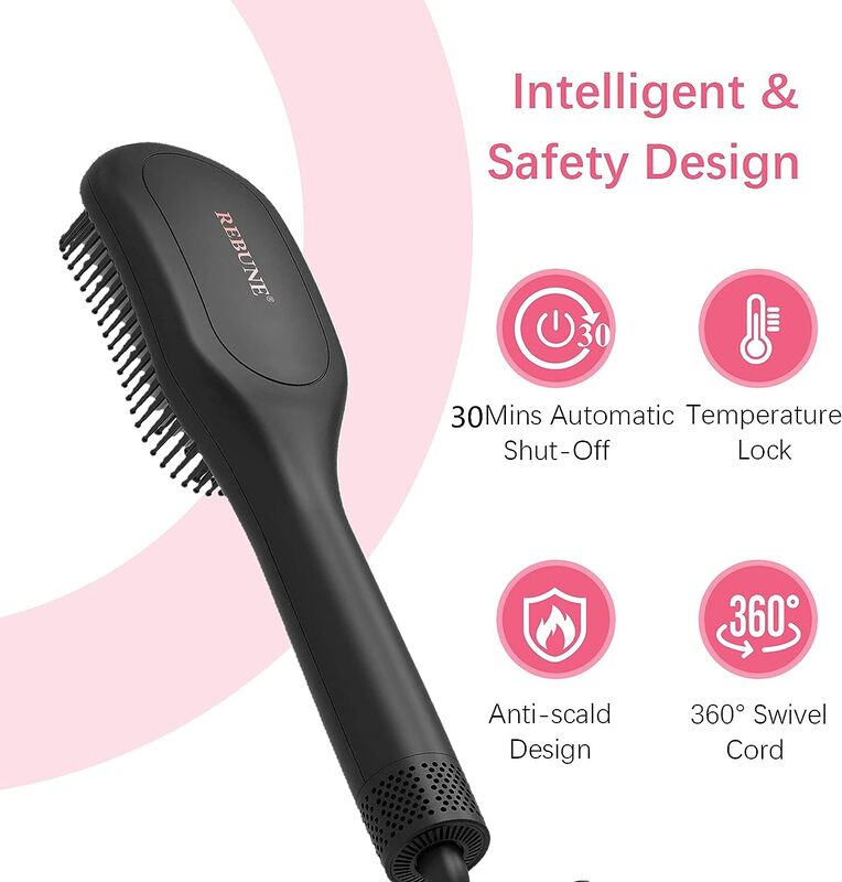 REBUNE AB002 Hot Air Styler Hair Straightener Brush Negative Ion Heated Straightening Brush For Smooth Frizz-Free Hair (Black)