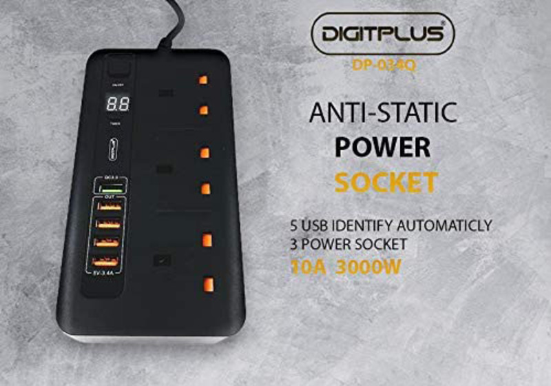 Digitplus 5 USB Ports & 3 Power Sockets Power Strip with 2 Meter Cable, Black