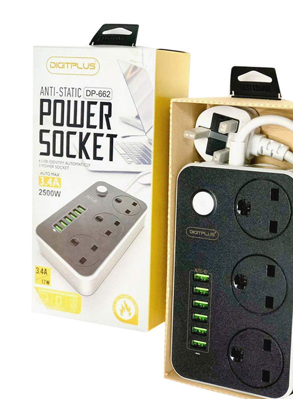 Digitplus 3 Widely Spaced Outlet Power Strip with USB, Grey