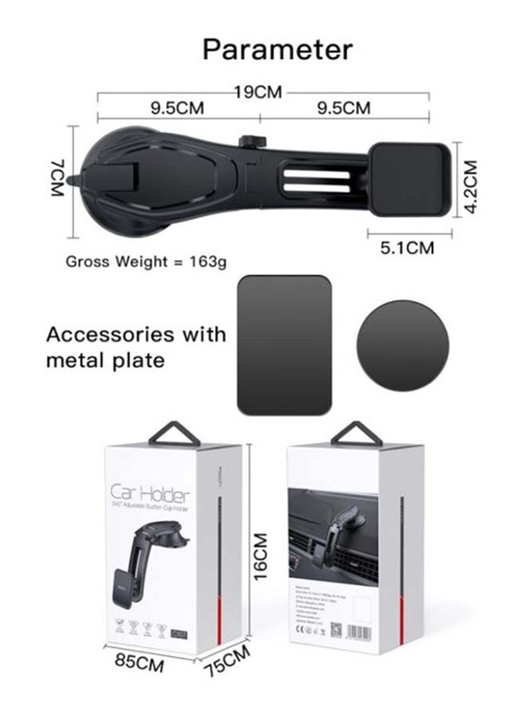 C107 540 Degree Adjustable Suction Car Holder for Smartphones, Black