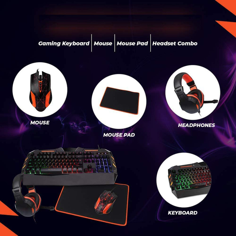 C-500 Wired English 4-in-1 Rainbow Backlight Ergonomic Gaming Keyboard with Mouse, Headphones & Mouse Pad, Orange/Black