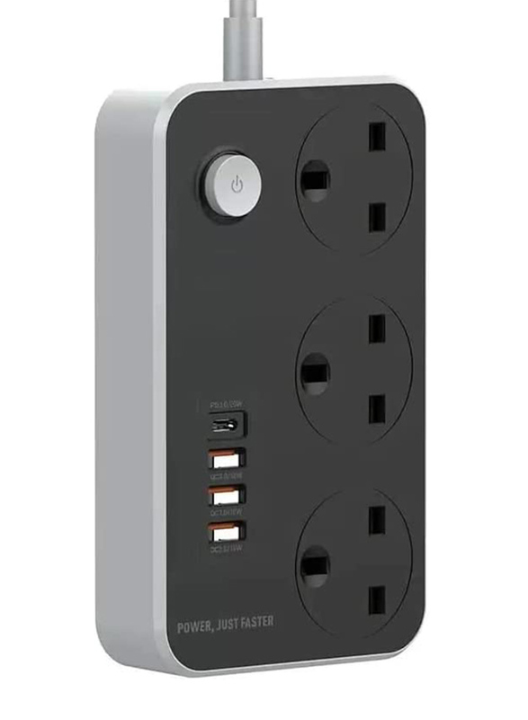PD 20W Power Strip with 3 AC Outlets, 3 USB & 2 Meter Cord, Black