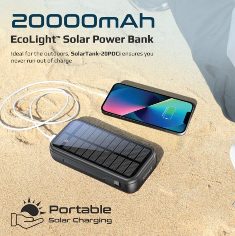 Promate 20000mAh Solar Power Bank with Built-in USB-C & Lightning Cables