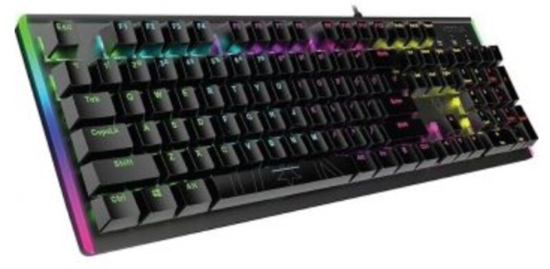 لوحة مفاتيح ميكانيكية عالية الأداء للألعاب  إضاءة خلفية بألوان الطيف  مقاومة للظلال بنسبة 100٪  مفاتيح ميكانيكية زرقاء  7 أوضاع للإضاءة الخلفية  هيكل من الألومنيوم