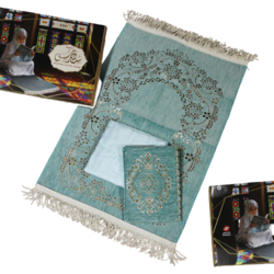 Sundus prayer rug with prayer dress and Quran cover for little girls. (Green)