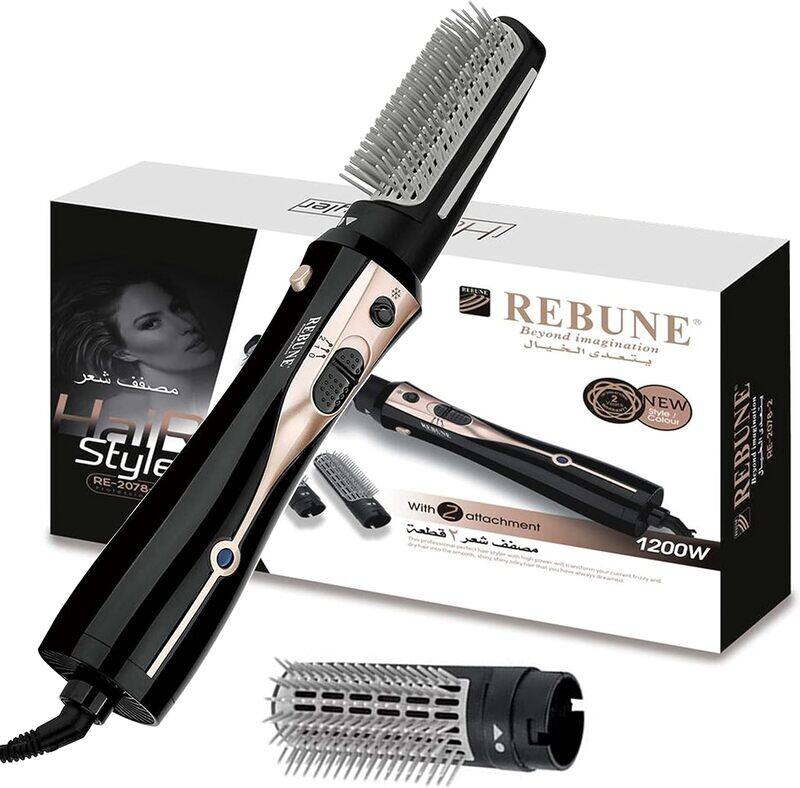 

REBUNE New RE 2078 2 1200W Hair Styler 3 In 1 Hot Air Styler One Step Negative Ion Electronic Dryer Hair Straightener Curler Brush. Black.