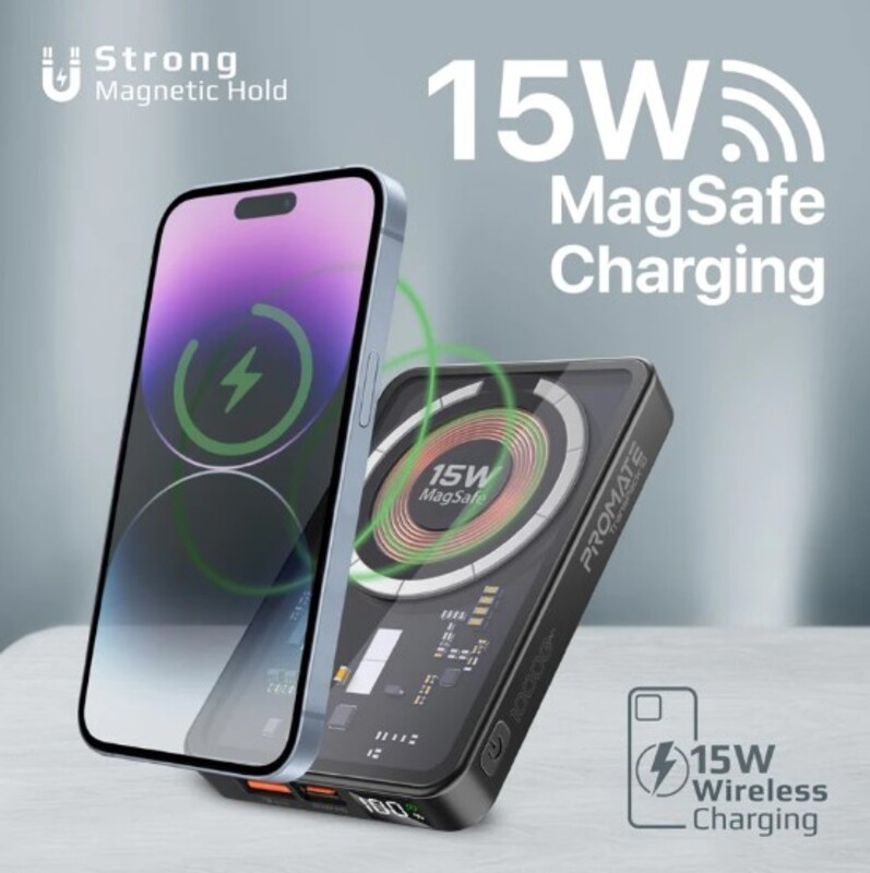 Promate Transparent 15W wireless charging power bank