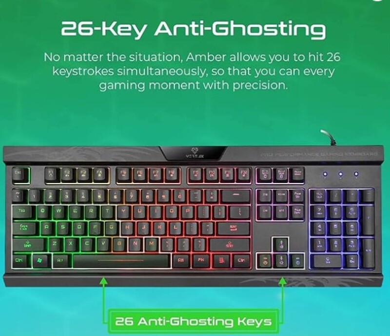 Pro Performance Gaming Keyboard  4 Rainbow Backlight Effects  26 key Anti Ghosting   Raised Keys  Quick Media Controls  4 Backlight Modes