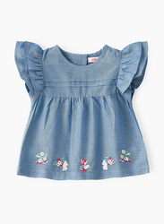 Jelliene Cotton Woven Top with Emb At Hem for Girls, 12-18 Months, Blue