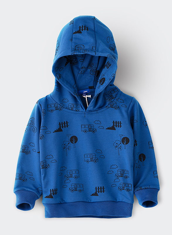 Jam Knit Hooded Printed Sweat Top for Boys, 18-24 Months, Blue