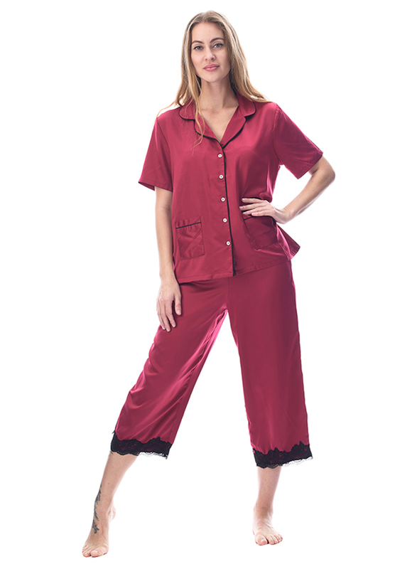 Lacy Dreams Elegant and Comfortable Sleepwear Top and Pyjama Set, Medium, Maroon